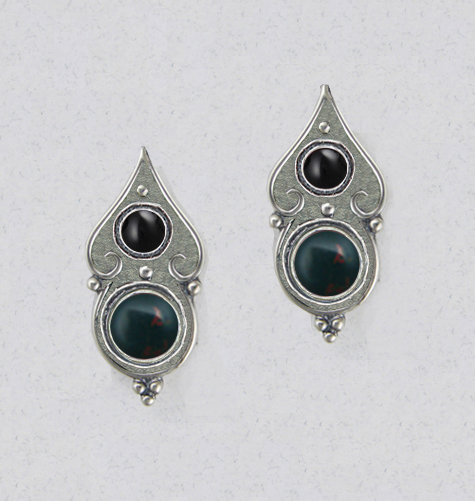 Sterling Silver Gothic Look Post Stud Earrings With Bloodstone And Black Onyx